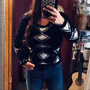 Miss Me Black White Knit Fuzzy Crew Neck Sweater